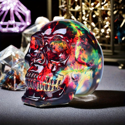 Handcrafted Glass Skull Figurine - Multicolor Iridescent Crystal Skull Sculpture, Americana Fantasy Decor for Various Room Types, Ideal for Christmas, Halloween, Easter, Day of the Dead Decorations