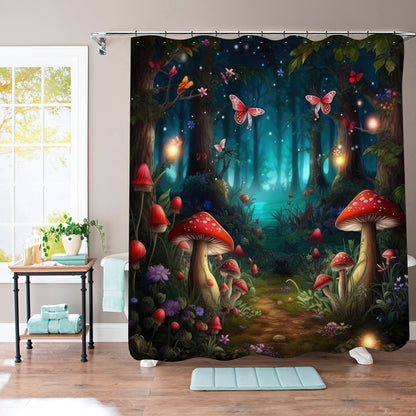 1/4pcs Forest Mushroom Butterfly Printed Shower Curtain Set, Bathroom Decorative Set Including Waterproof Shower Curtain, Non-slip Mat, Toilet Lid Mat, Bathroom Mat And 12 Plastic Hooks, Bathtub Partition, Bathroom Accessorie