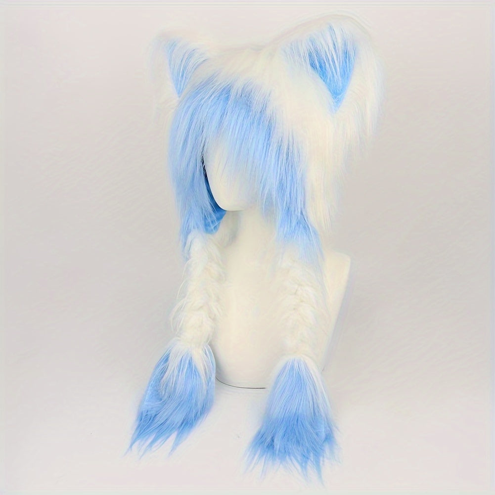 1pc Y2K Aesthetic Anime-Inspired Cute Cat Ear Plush Hat with Braids, Winter Warmth Fluffy Ear Protection Cap, Cosplay Accessory for Halloween