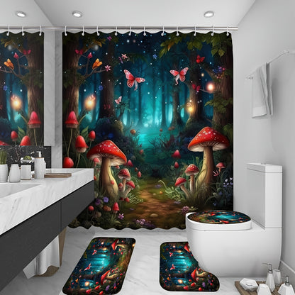 1/4pcs Forest Mushroom Butterfly Printed Shower Curtain Set, Bathroom Decorative Set Including Waterproof Shower Curtain, Non-slip Mat, Toilet Lid Mat, Bathroom Mat And 12 Plastic Hooks, Bathtub Partition, Bathroom Accessorie