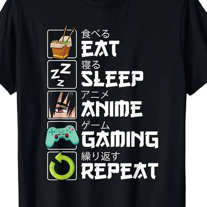 Men's "Eat, Sleep, Anime, Repeat" Graphic Tee - 100% Cotton, Short Sleeve, Crew Neck in Black with Colorful Icons - Casual Summer Wear