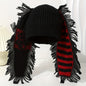 Chic Rabbit Ear Knit Beanie with Striped Tassel - Cozy & Warm, Elastic Fit for Women