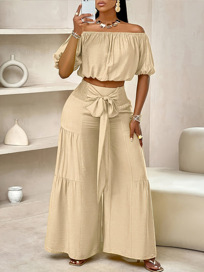 1 Set Elegant Women'S Two-Piece Outfit - Polyester Off-the-Shoulder Top with Bow Detail and Solid Color Wide-Leg Pants, Woven All-Season Ensemble