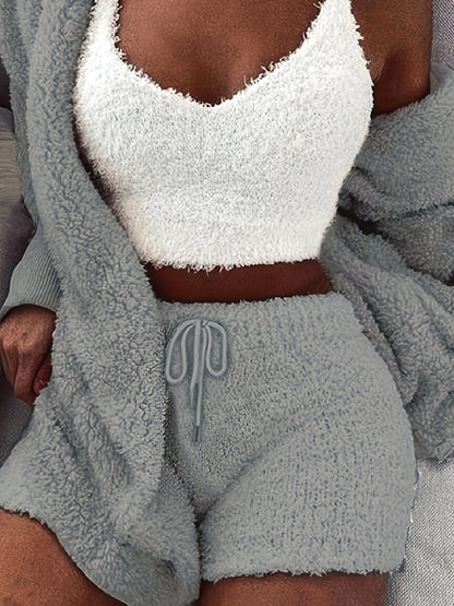 Warm Fuzzy Pajama Set, Long Sleeve Hooded Robe & Tank Top & Drawstring Shorts, Women's Sleepwear & Loungewear