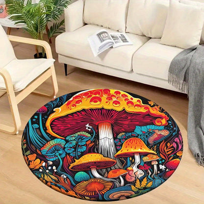 Charming Mushroom Print Round Rug - Machine Washable Polyester, Perfect for Indoor & Outdoor Decor, Ideal for Doorways and Bedrooms