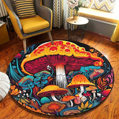 Charming Mushroom Print Round Rug - Machine Washable Polyester, Perfect for Indoor & Outdoor Decor, Ideal for Doorways and Bedrooms