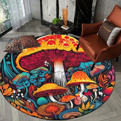 Charming Mushroom Print Round Rug - Machine Washable Polyester, Perfect for Indoor & Outdoor Decor, Ideal for Doorways and Bedrooms