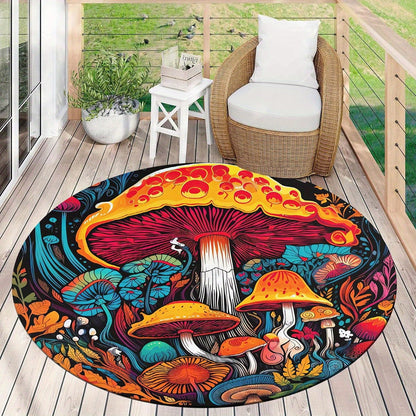 Charming Mushroom Print Round Rug - Machine Washable Polyester, Perfect for Indoor & Outdoor Decor, Ideal for Doorways and Bedrooms