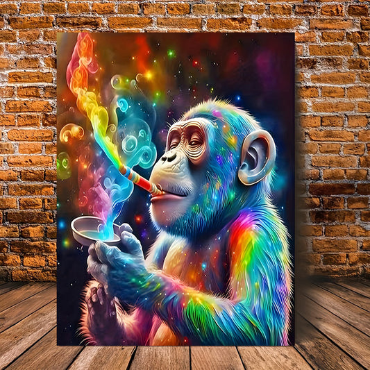 Vibrant Monkey Canvas Art Print Poster | Colorful Primate with Coffee Cup Wall Decor | Frameless Eclectic Artwork for Home, Bedroom, Kitchen, Living Room, Bathroom, Cafe, Office | 12x16 inches