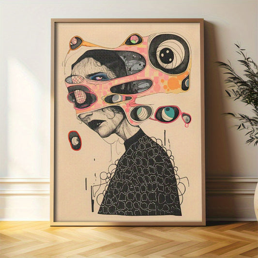 1pc Vintage Surreal Art Deco Canvas Poster, Frameless Ink Print Wall Hanging Decor with Abstract Collage of Human Face and Geometric Shapes in Vibrant Colors - Unique Artistic Gift for Home Office, Living Room, Bedroom, Bathr