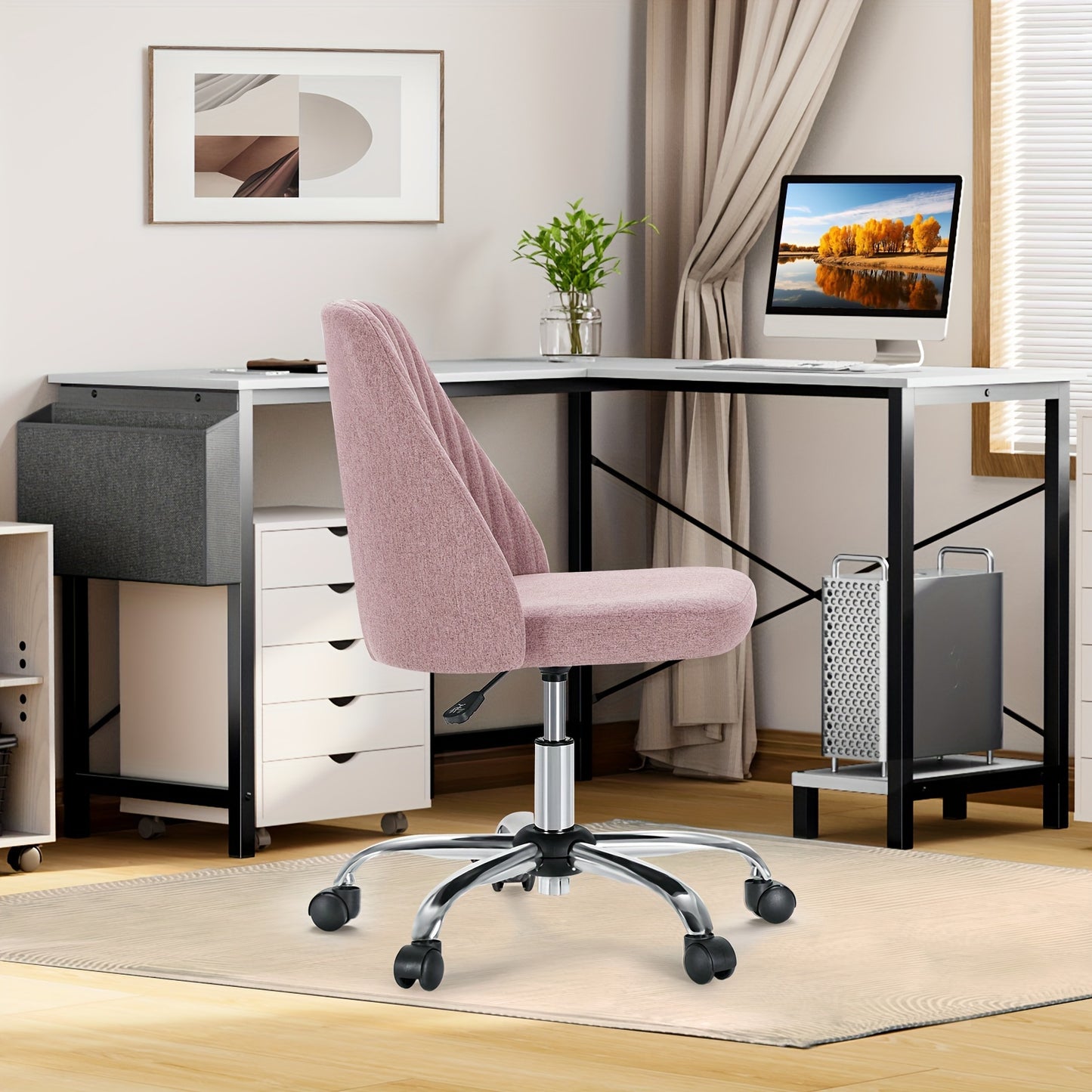 L-shaped writing computer gaming desk, can be paired with armless pink or black work chair, perfect for home office student desk, shared space studio, e-sports gaming