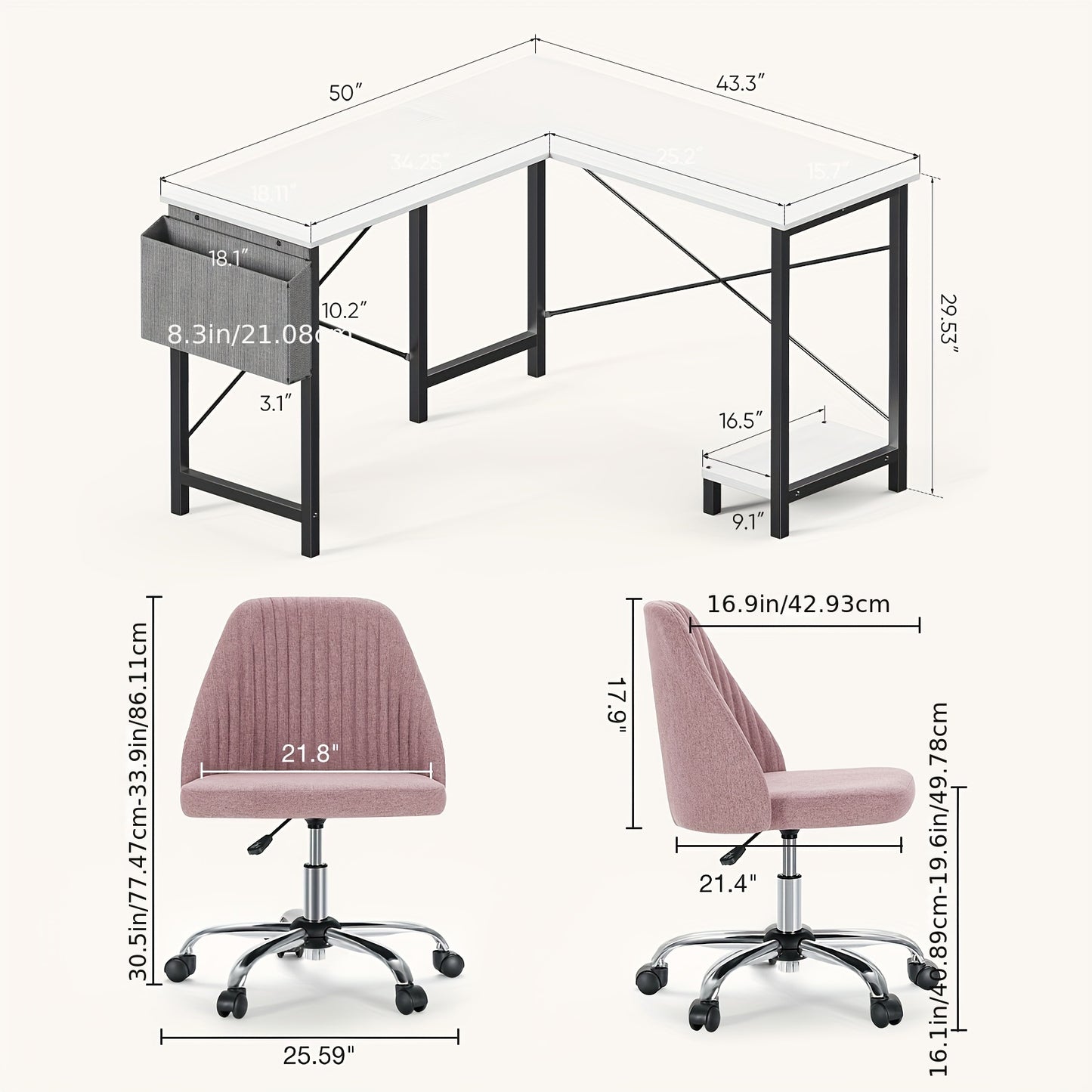 L-shaped writing computer gaming desk, can be paired with armless pink or black work chair, perfect for home office student desk, shared space studio, e-sports gaming