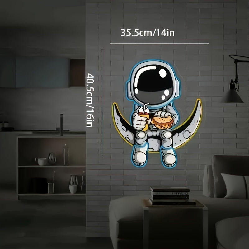 Astronaut Neon Sign with Moon LED - Handcrafted, UV-Printed Wall Art for Home & Party Decor, USB Powered with Dimmable for Switch