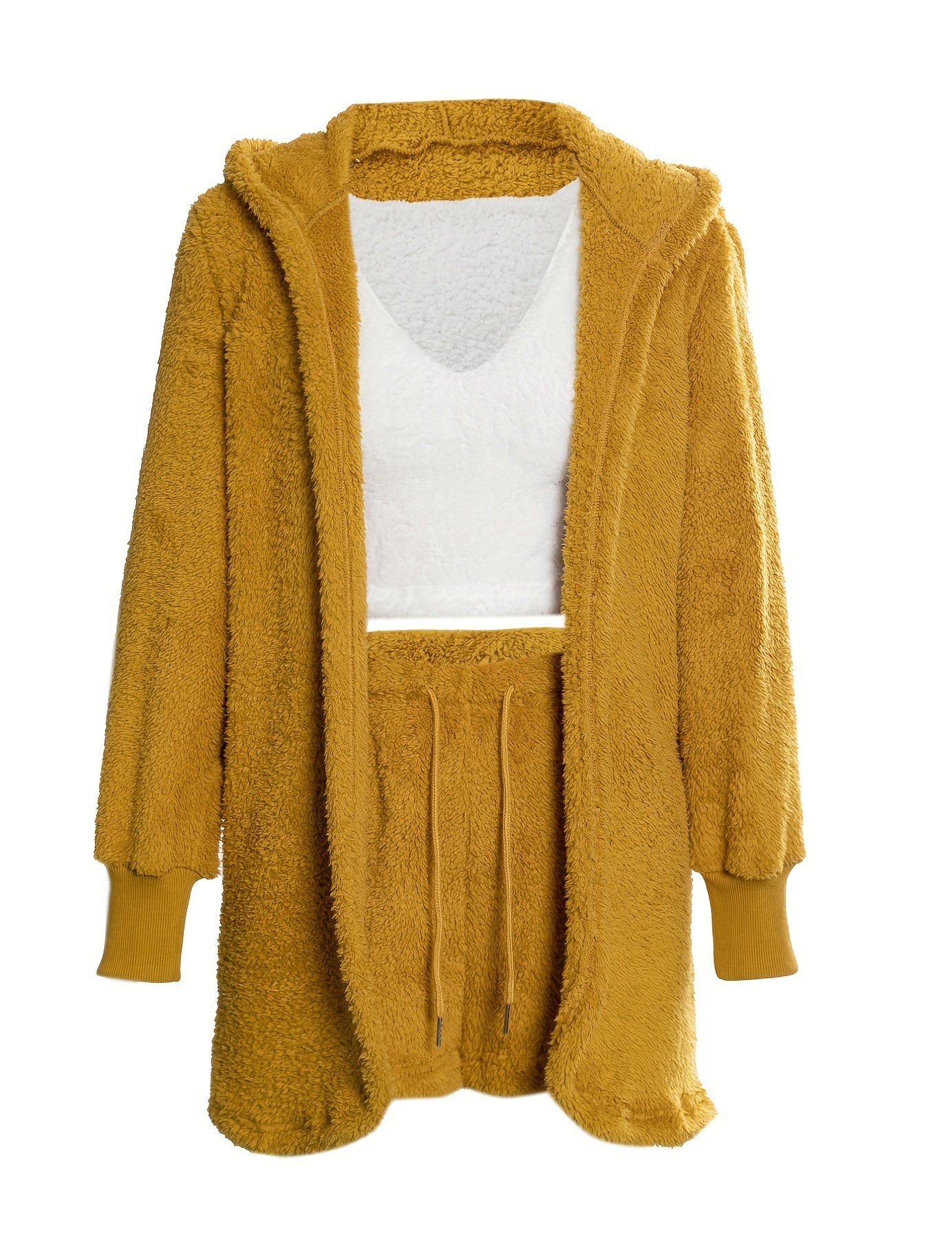 Warm Fuzzy Pajama Set, Long Sleeve Hooded Robe & Tank Top & Drawstring Shorts, Women's Sleepwear & Loungewear