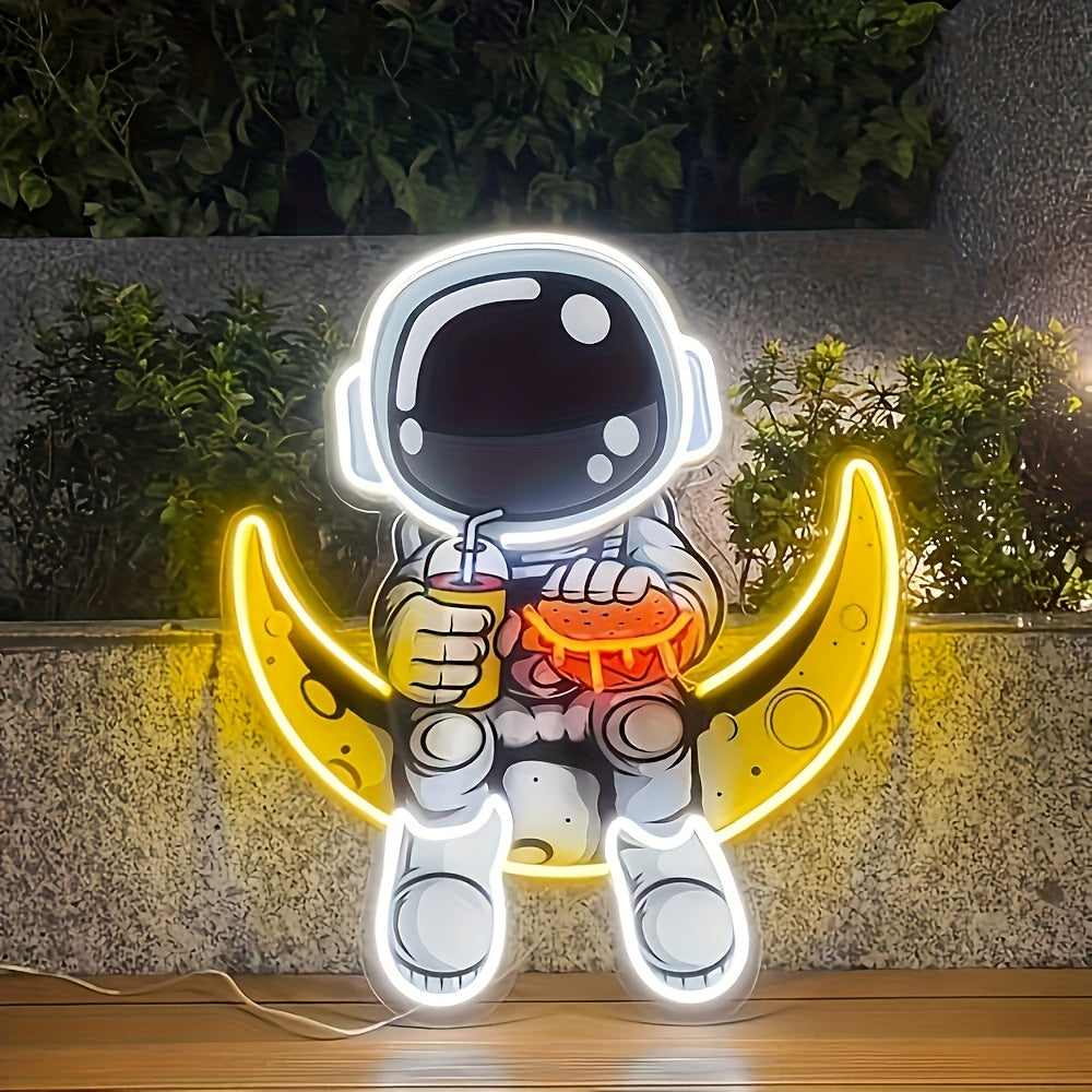 Astronaut Neon Sign with Moon LED - Handcrafted, UV-Printed Wall Art for Home & Party Decor, USB Powered with Dimmable for Switch