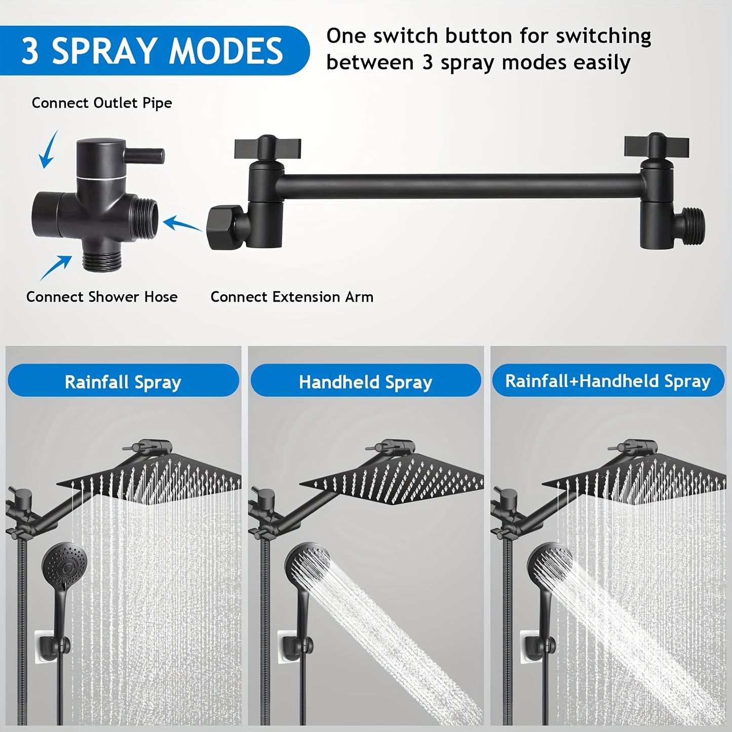 12 Inch All Metal 3-Way Rain Shower Head, High Pressure Shower Head, Dual Shower Heads with Handheld Spray Combo - Upgrade Extension Arm Height Adjustable,Hotel Toilet shower