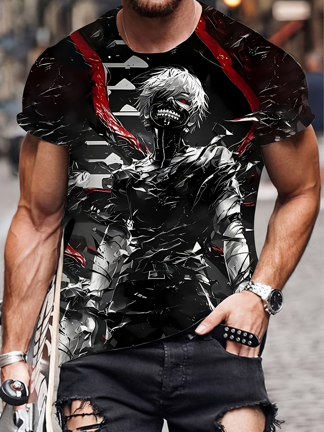 1pc Anime-Inspired Men'S T-Shirt, 3D Graphic Print, Casual Crew Neck, Polyester 95% Spandex 5% Knit Fabric, Slight Stretch, All-Season Adult Tee