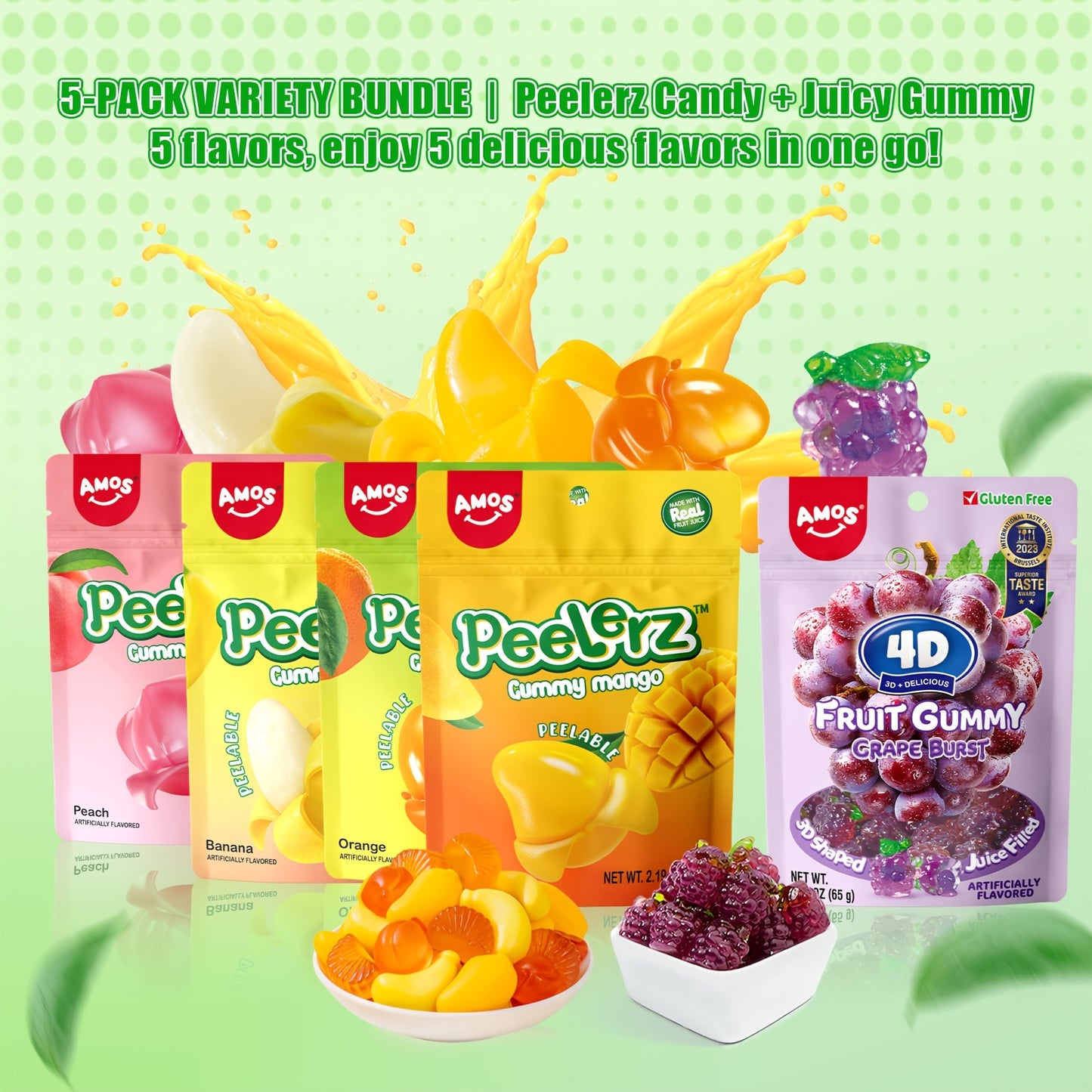 AMOS Peelerz Gummy Variety Pack - 5 Individual Packs, Peelable Fruity Gummies In Mango, Orange, Peach, Grape, And Banana Flavors