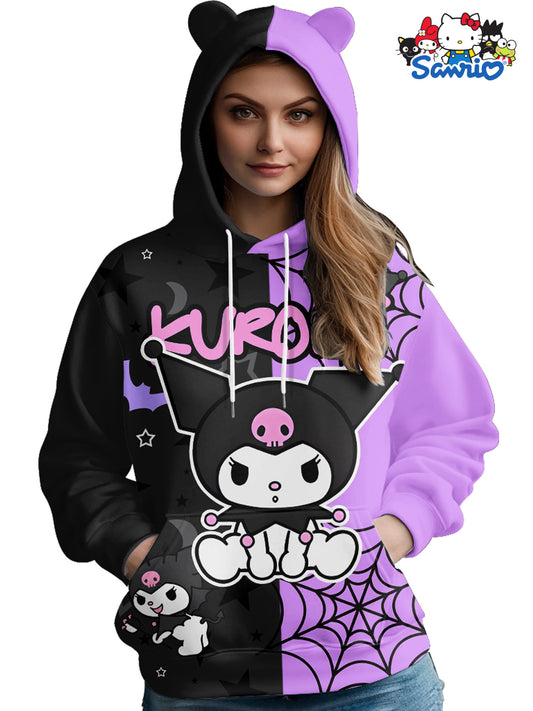 Cozy Long Sleeve Pullover with Pockets Sanrio Kuromi Women's Hoodie - Casual Knit Polyester Sweatshirt for Fall/Winter