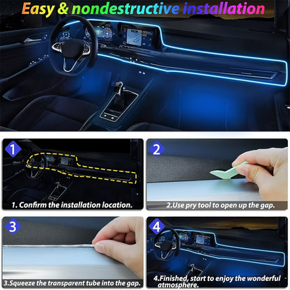 196 Inch Car Interior LED Strip Lights, RGB USB Ambient Led Lighting Kit With App Control Fiber Optics&Music Sync Rhythm, for Car Door, Console&Dashboard