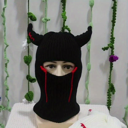 1pc Knitted Hat, Universal Funny Horn Mask Head Cover, Autumn And Winter Warm Devil Horn Handsome