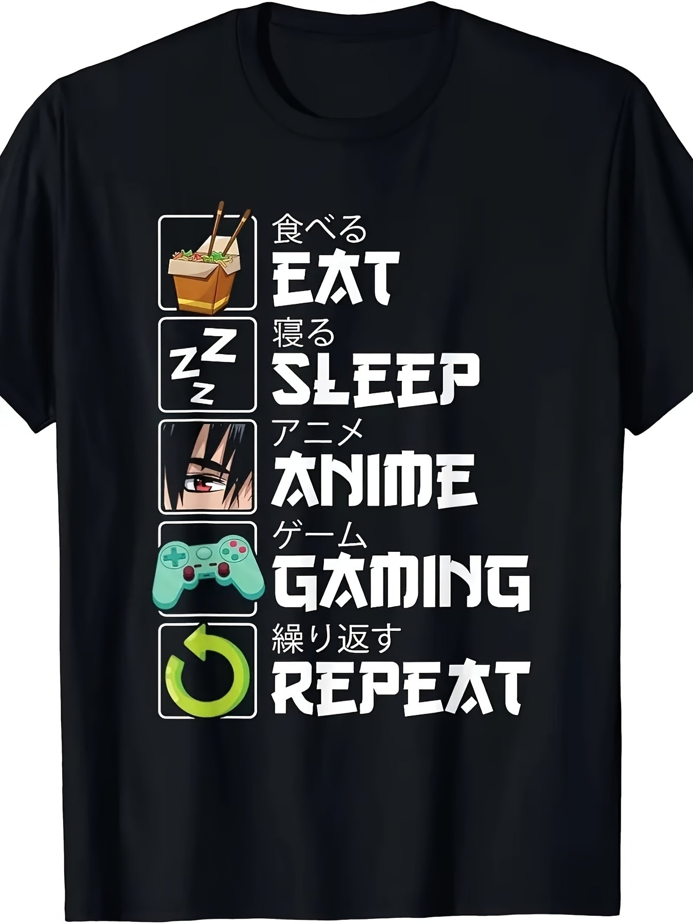 Men's "Eat, Sleep, Anime, Repeat" Graphic Tee - 100% Cotton, Short Sleeve, Crew Neck in Black with Colorful Icons - Casual Summer Wear