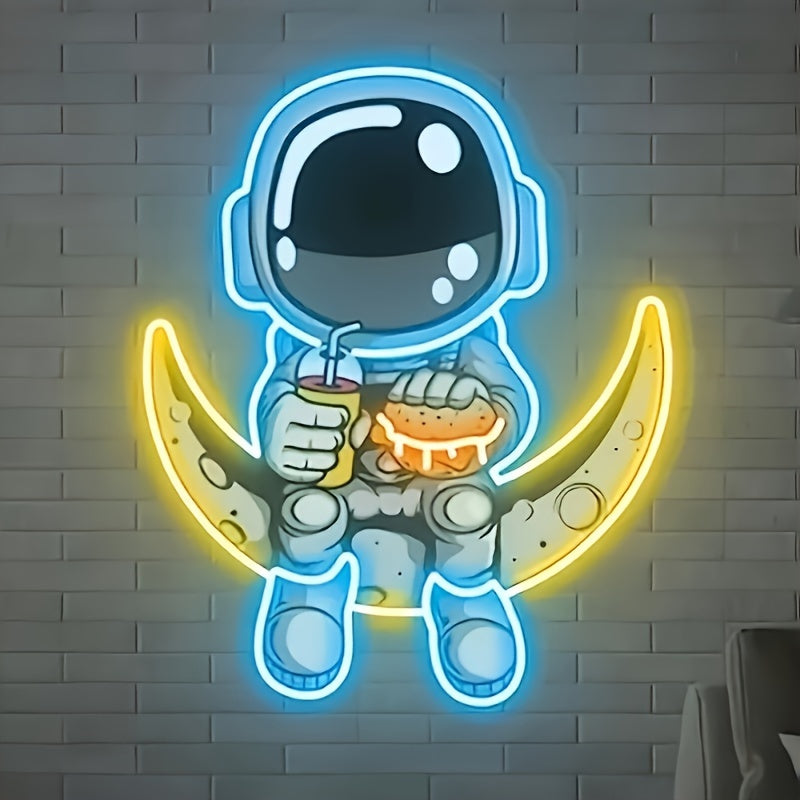 Astronaut Neon Sign with Moon LED - Handcrafted, UV-Printed Wall Art for Home & Party Decor, USB Powered with Dimmable for Switch