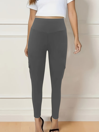 Solid Color Butt Lifting Yoga Leggings With Pockets, Running Sports Tight Pants, Women's Activewear For Fall & Winter