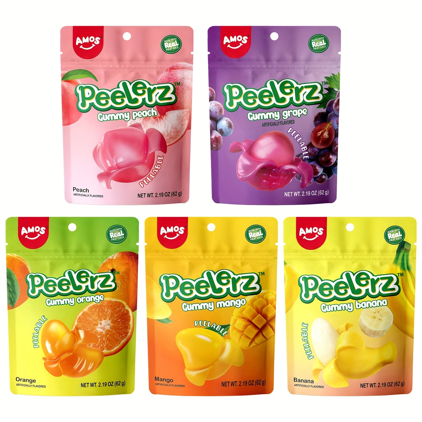 AMOS Peelerz Gummy Variety Pack - 5 Individual Packs, Peelable Fruity Gummies In Mango, Orange, Peach, Grape, And Banana Flavors