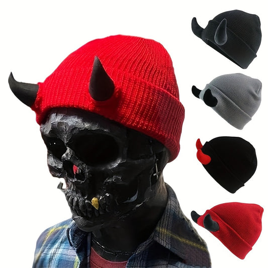 Funky Little Devil Horn Knit Beanie for Men - Cute & Stylish, Warm Ear-Protecting Hat for Fall/Winter, Lightweight Acrylic