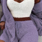 Warm Fuzzy Pajama Set, Long Sleeve Hooded Robe & Tank Top & Drawstring Shorts, Women's Sleepwear & Loungewear