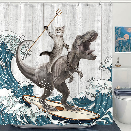 1pc Surfing Dinosaur Ocean Shower Curtain, Fun Cat Shower Curtain, Wave Bathroom Shower Curtain Set, Waterproof Fabric Bathroom Set With 12 Hooks