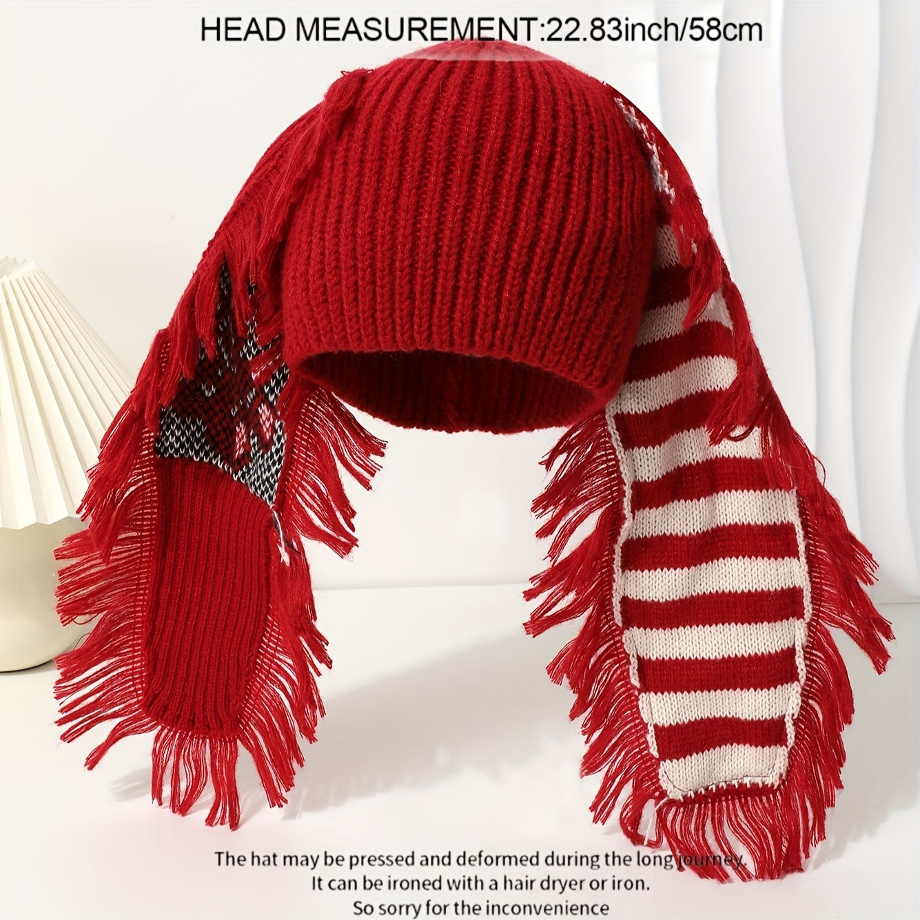 Chic Rabbit Ear Knit Beanie with Striped Tassel - Cozy & Warm, Elastic Fit for Women