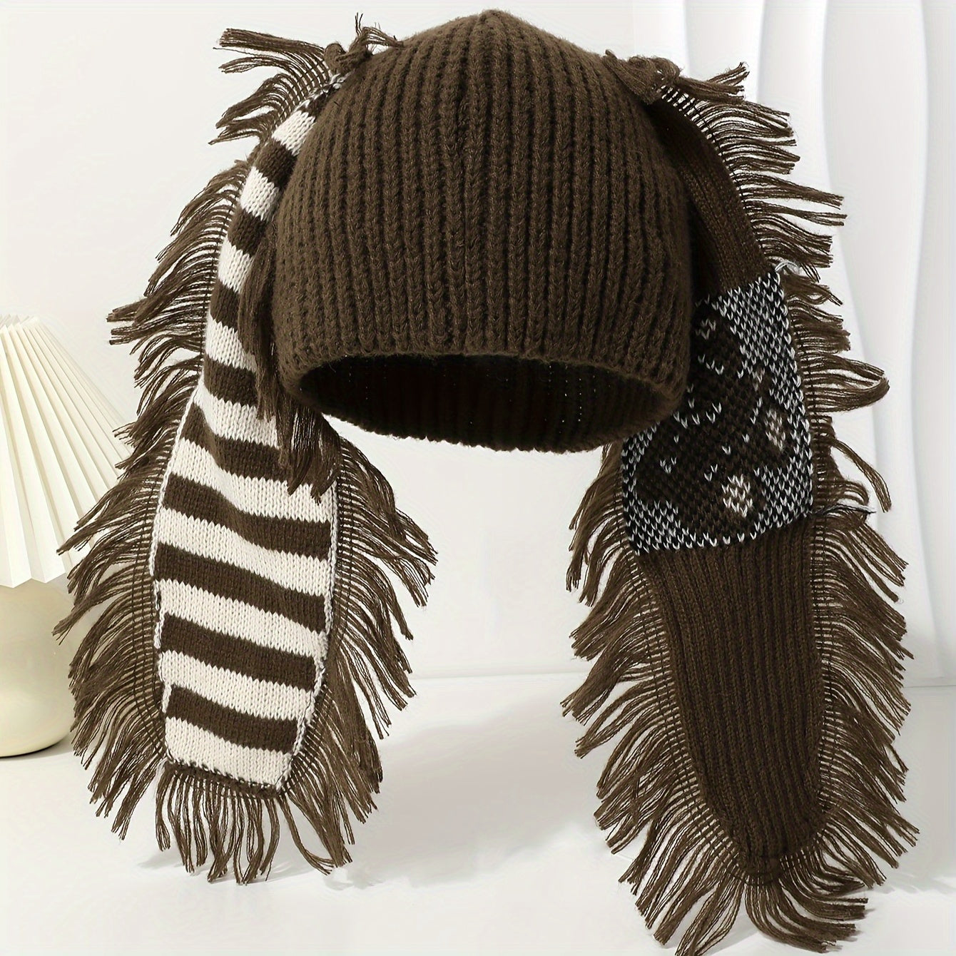 Chic Rabbit Ear Knit Beanie with Striped Tassel - Cozy & Warm, Elastic Fit for Women