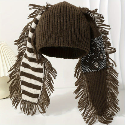 Chic Rabbit Ear Knit Beanie with Striped Tassel - Cozy & Warm, Elastic Fit for Women