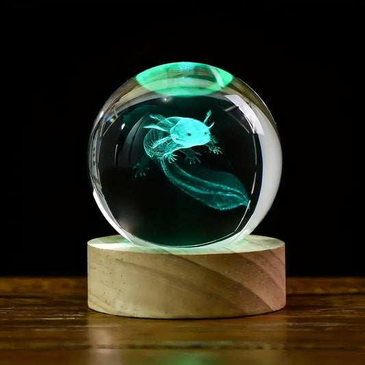 1pc Unique 3D Axolotl Crystal Ball Ornament - Glass Sphere Night Light with Wooden Light Base, Colorful Animals Figurine for Home Bedroom Decoration, Birthday Gift Idea for Women, Men, Axolotl Enthusiasts, and Nature Lovers -