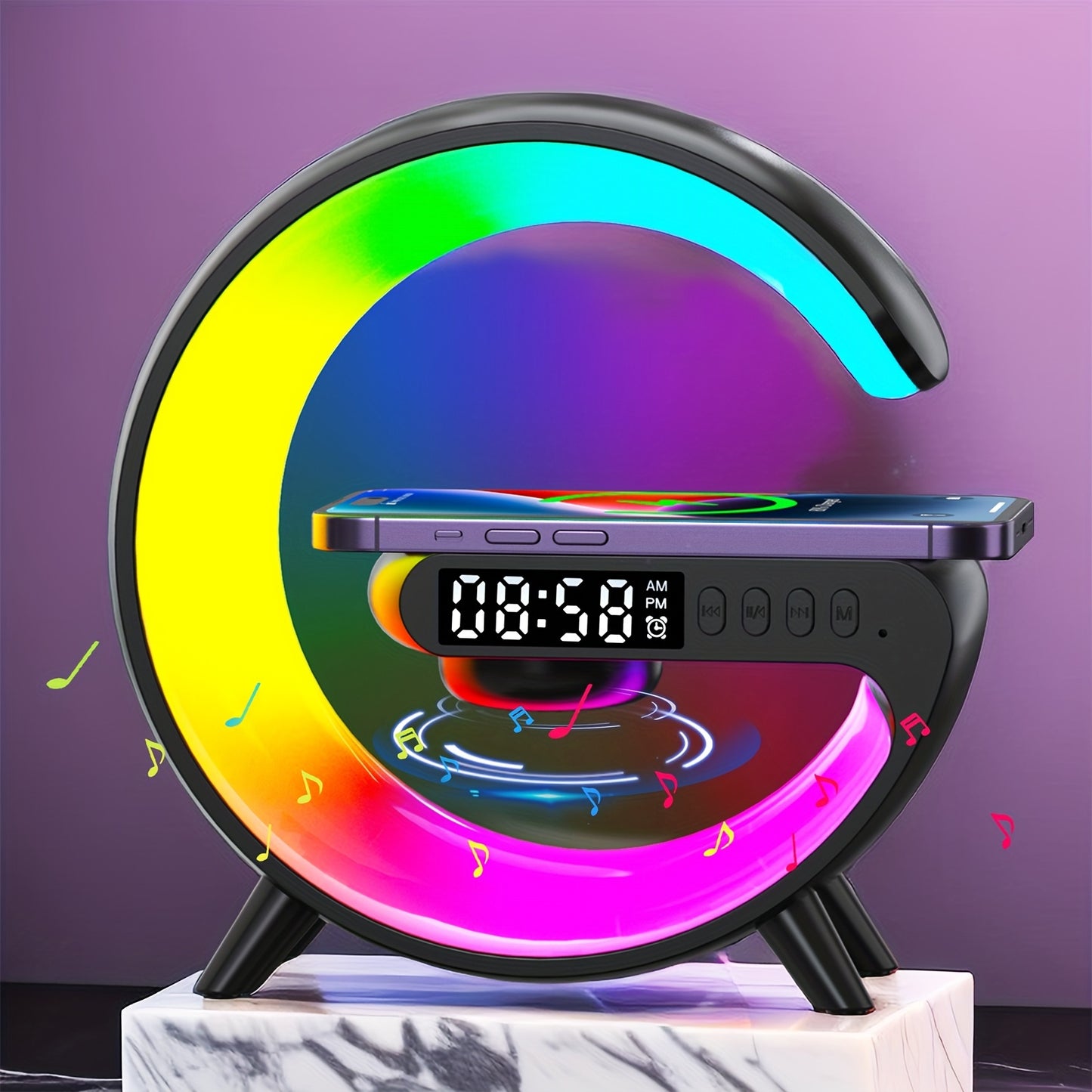 Smart Alarm Clock with Wireless Speaker, RGB Lighting & Fast Charging - USB Powered, LED Table Lamp for Bedroom Wake-Up - Black & White