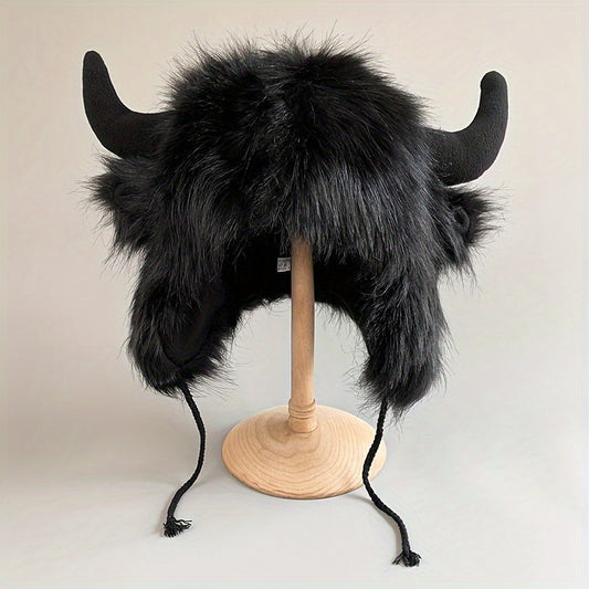 Halloween Cosplay Big Black Cow Cute Elk Horn Fur Trapper Hat, Warm Ear Protection Cool Windproof Hat