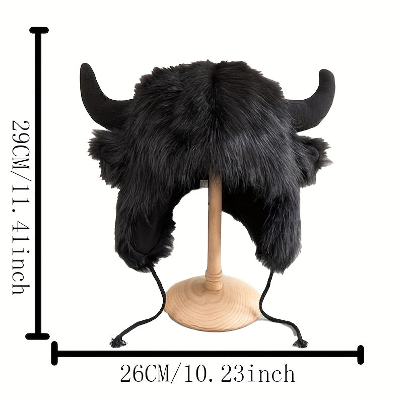 Halloween Cosplay Big Black Cow Cute Elk Horn Fur Trapper Hat, Warm Ear Protection Cool Windproof Hat