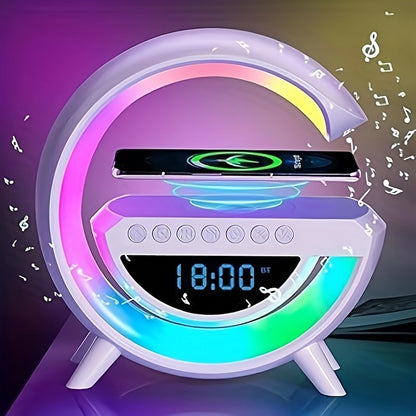 Smart Alarm Clock with Wireless Speaker, RGB Lighting & Fast Charging - USB Powered, LED Table Lamp for Bedroom Wake-Up - Black & White