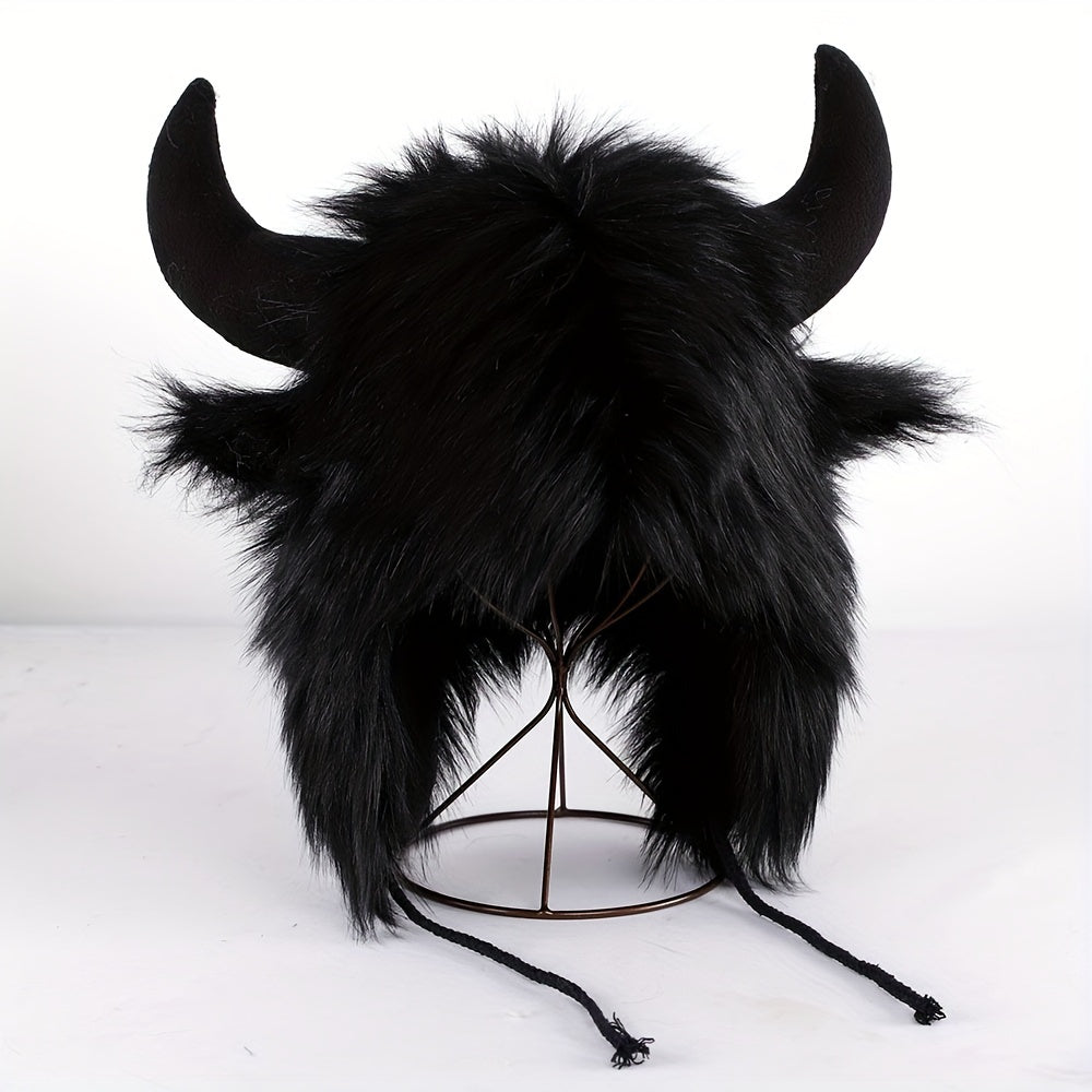 Halloween Cosplay Big Black Cow Cute Elk Horn Fur Trapper Hat, Warm Ear Protection Cool Windproof Hat