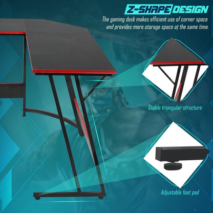 Corner Computer Desk, L Shape Desk, Gaming Desk with Large Monitor Stand and Carbon Fiber Surface, Home Office Study Writing Workstation