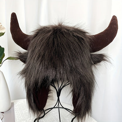 Halloween Cosplay Big Black Cow Cute Elk Horn Fur Trapper Hat, Warm Ear Protection Cool Windproof Hat