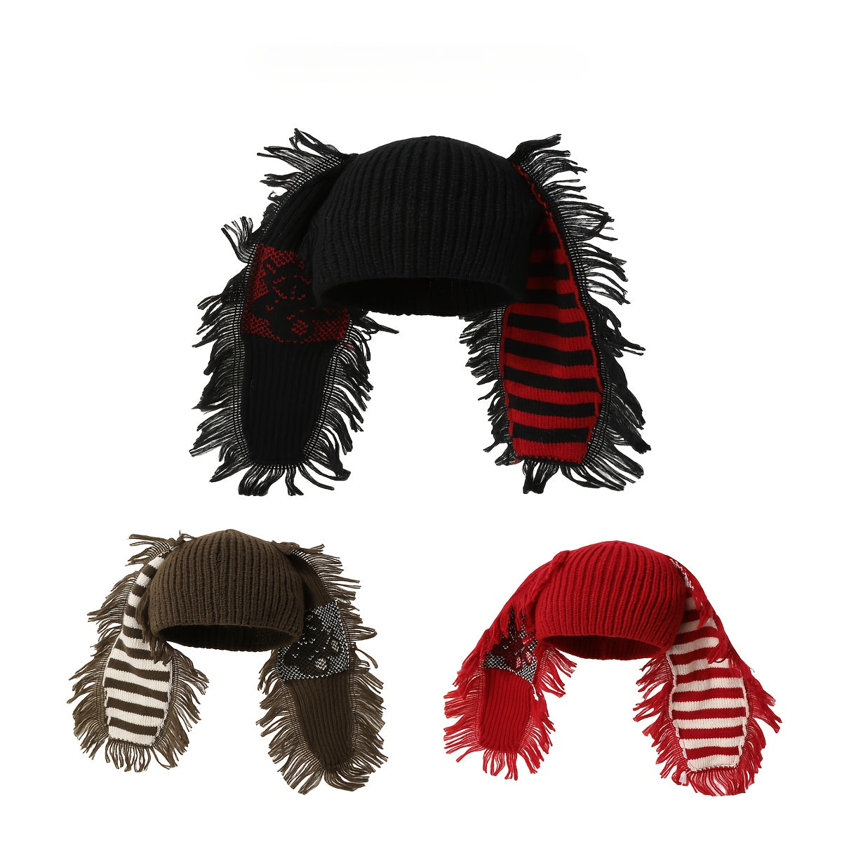 Chic Rabbit Ear Knit Beanie with Striped Tassel - Cozy & Warm, Elastic Fit for Women