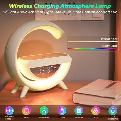 Smart Alarm Clock with Wireless Speaker, RGB Lighting & Fast Charging - USB Powered, LED Table Lamp for Bedroom Wake-Up - Black & White