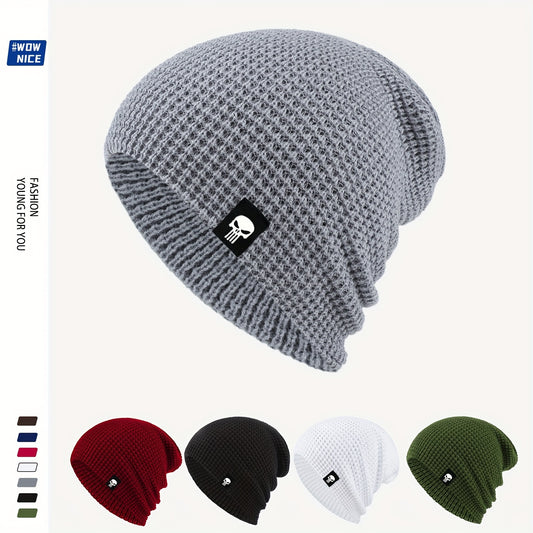 Skull Logo Knit Beanie Hat for Men and Women, Warm Winter Outdoor Sport Casual Pullover Cap, Breathable Stretch Knitted Beanie, Unisex Solid Color, Hand Wash or Dry Clean, Fashion Accessory for Ladies