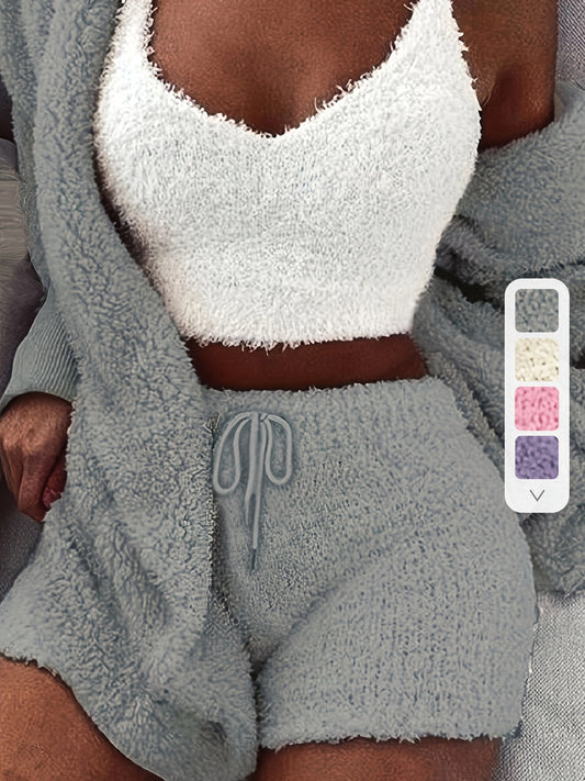 Warm Fuzzy Pajama Set, Long Sleeve Hooded Robe & Tank Top & Drawstring Shorts, Women's Sleepwear & Loungewear