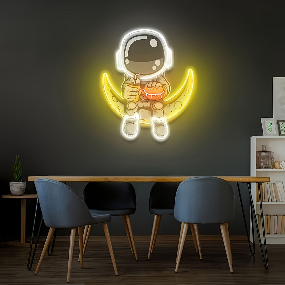 Astronaut Neon Sign with Moon LED - Handcrafted, UV-Printed Wall Art for Home & Party Decor, USB Powered with Dimmable for Switch