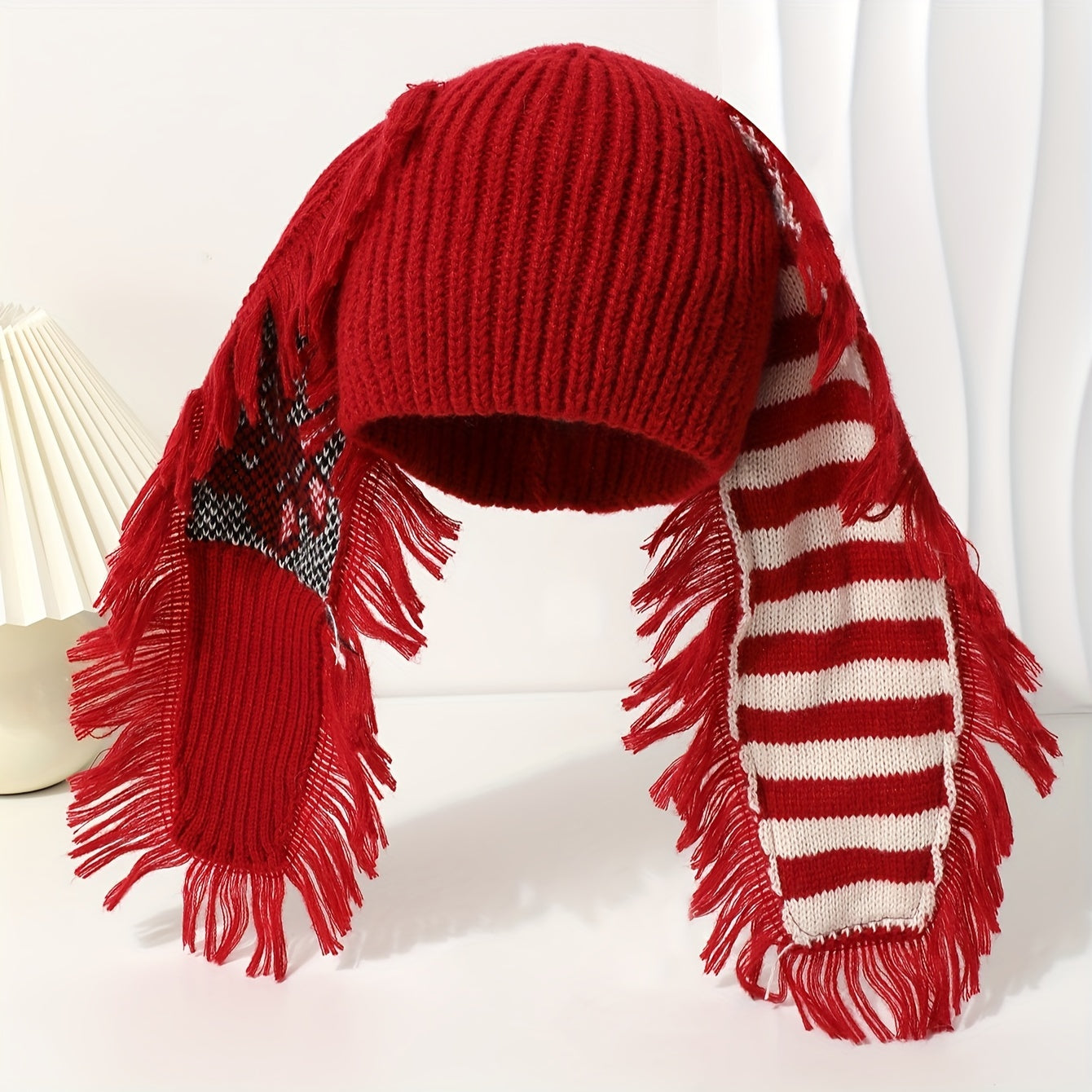 Chic Rabbit Ear Knit Beanie with Striped Tassel - Cozy & Warm, Elastic Fit for Women