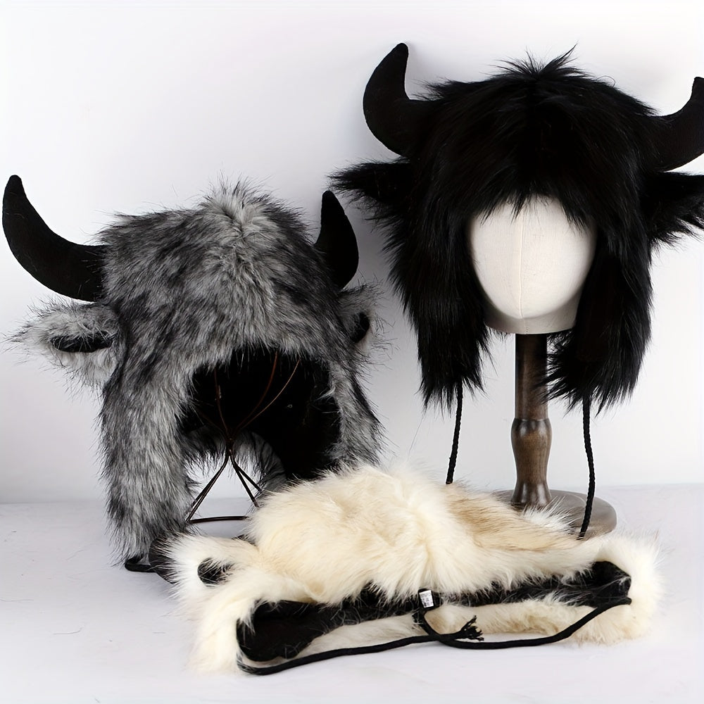 Halloween Cosplay Big Black Cow Cute Elk Horn Fur Trapper Hat, Warm Ear Protection Cool Windproof Hat